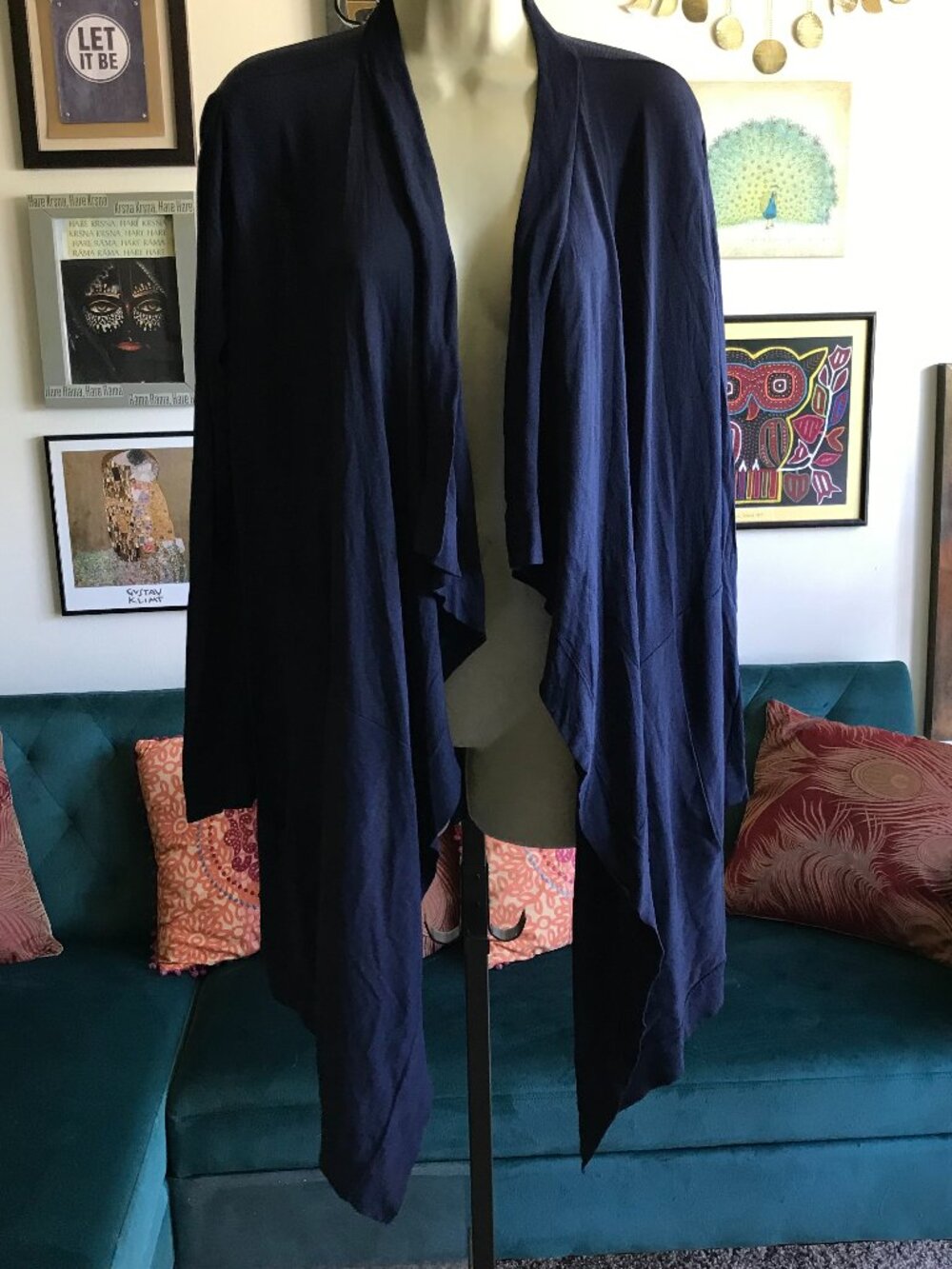 ANNE KLEIN size M Navy Blue Open Drape Front Waterfall Cardigan Lightweight